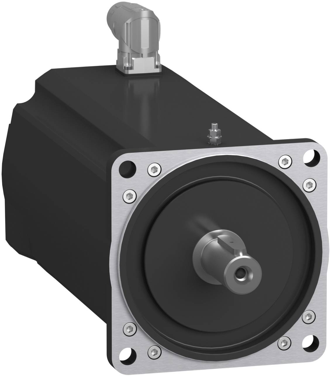 Industrieller elektrischer Servomotor mit Vorderwelle und Stecker oben, gezeigt in einer Studio-Produktansicht vor weißem Hintergrund.