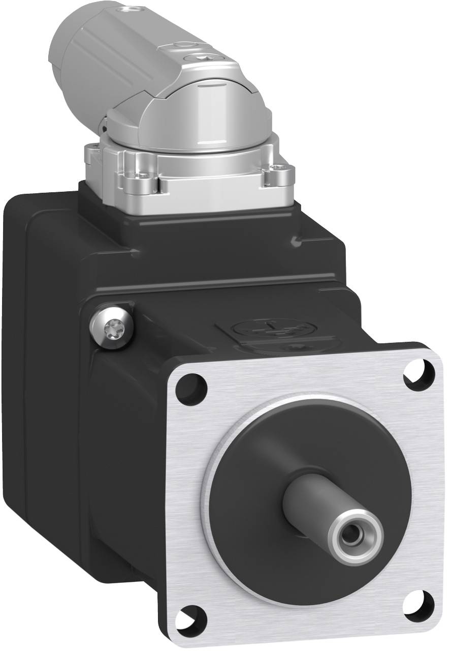 Industrieller Elektromotor mit quadratischem Montageflansch und vorstehender mittlerer Welle, dargestellt in einer produkttypischen Nahaufnahme auf weißem Hintergrund.