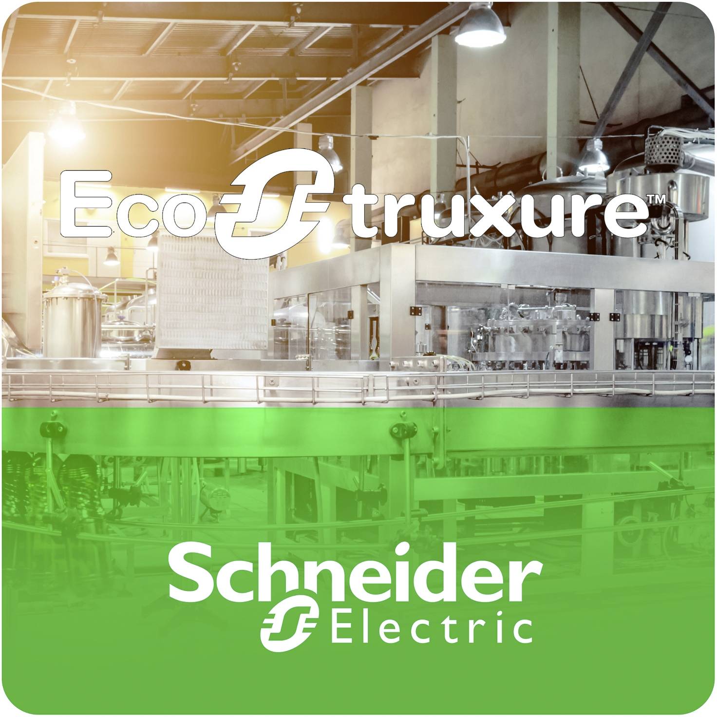 EcoStruxure von Schneider Electric Logo über einer Industriefabrikszene mit grünem Branding-Panel am unteren Rand.
