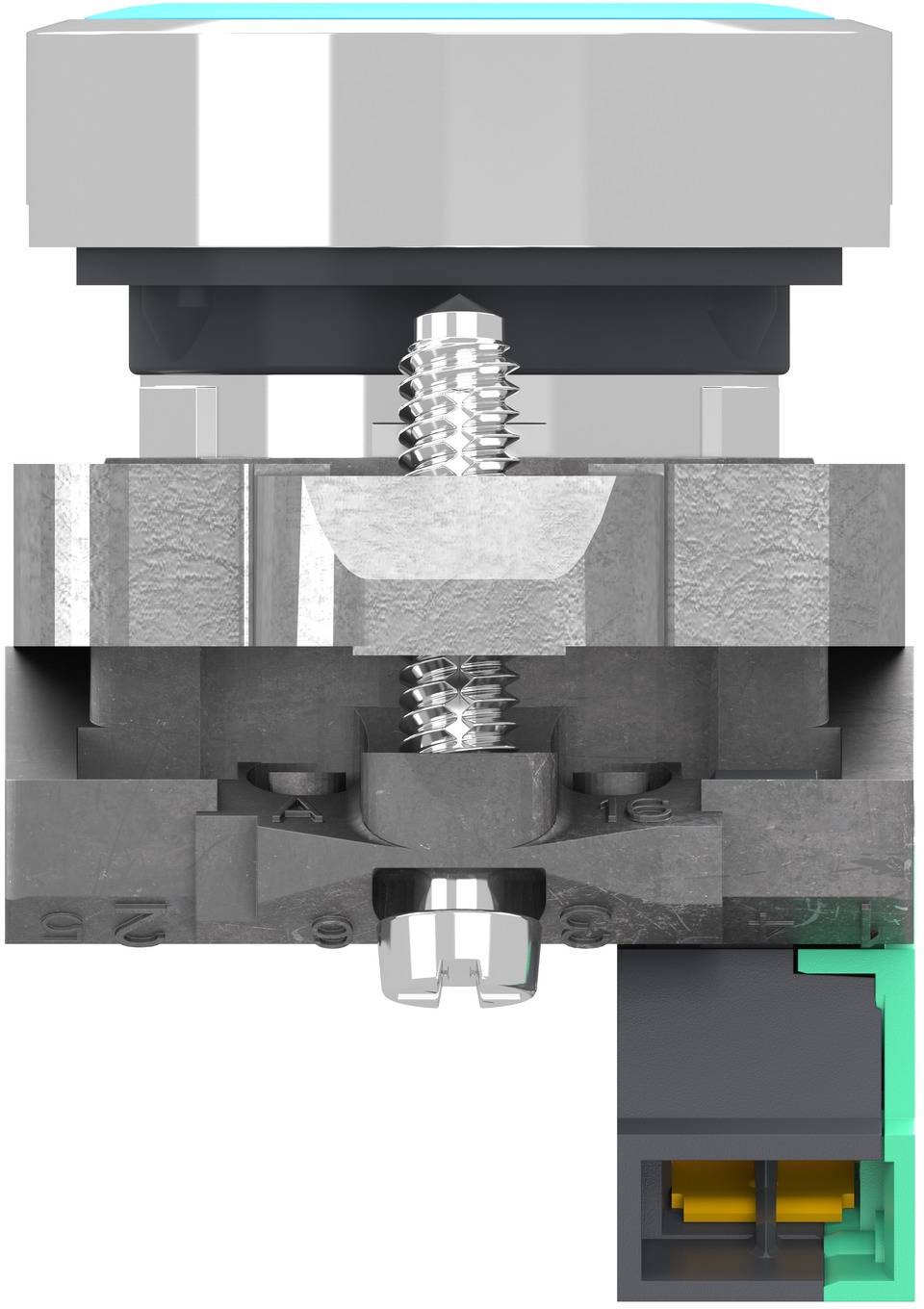 Querschnitt einer mechanischen Baugruppe, die eine zentrale Gewinde-Schraube und federbelastete interne Teile in einem grauen Gehäuse zeigt.