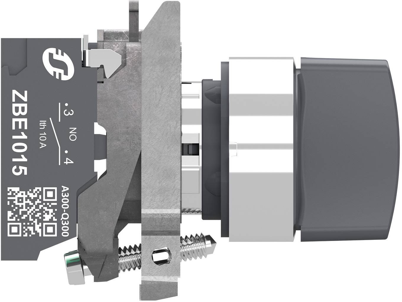 Nahaufnahme Seitenansicht einer mechanischen Druckschalter-Baugruppe mit schwarzer Kappe, Metallgehäuse, Anschlüssen und einer beschrifteten Seitenplatte mit der Aufschrift "ZBE1015".