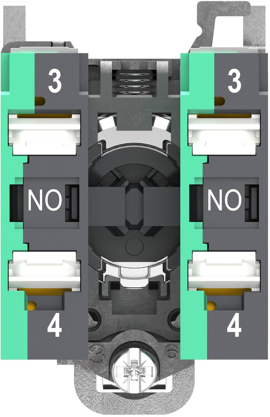 Nahaufnahme eines elektrischen Schaltermechanismus mit zwei schwarzen Modulen, die auf beiden Seiten mit 3, NO und 4 gekennzeichnet sind.
