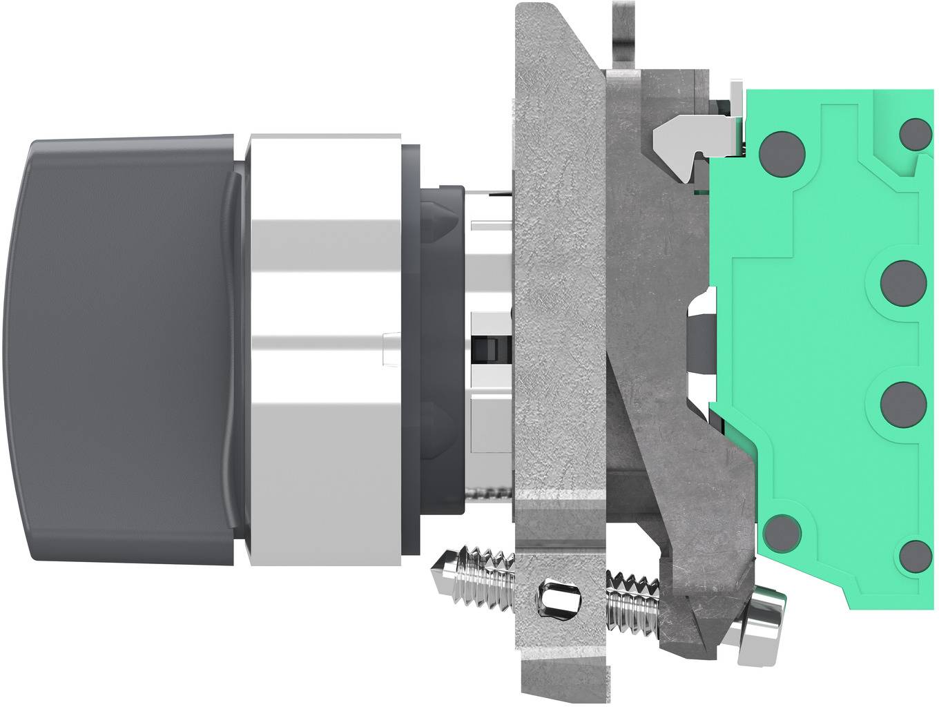 Nahaufnahme-Querschnitt einer mechanischen Schalteranordnung mit schwarzem Betätiger, metallischem Gehäuse und grüner Leiterplatte, die interne Teile zeigt.