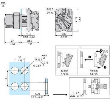 Technische Maßzeichnung eines mechanischen Steckers/Steckverbinders mit Seiten-, Vorder- und Montageansichten mit Abmessungen in mm und Zoll.