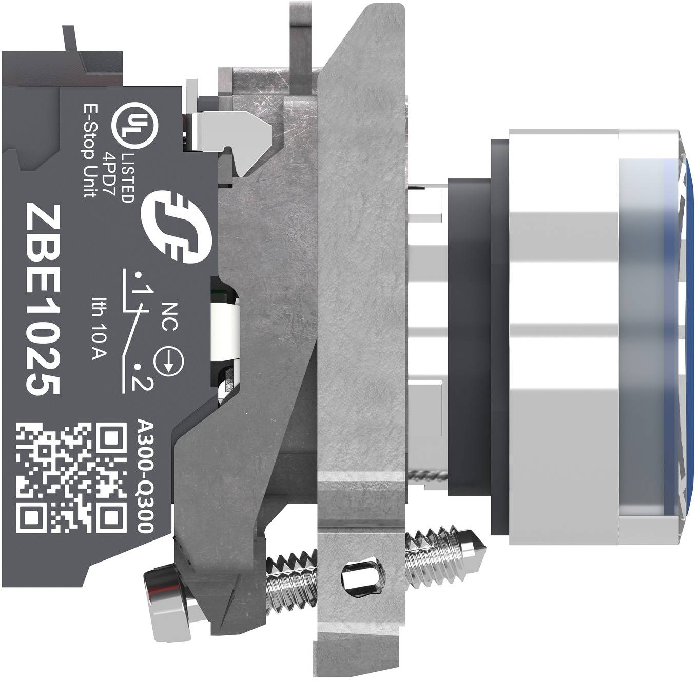 Nahaufnahme eines industriellen Druckschalter-Moduls mit der Bezeichnung „ZBE1025" mit UL-Markierungen, das seine Metallmontage und die Gewindeaktuator-Baugruppe zeigt.