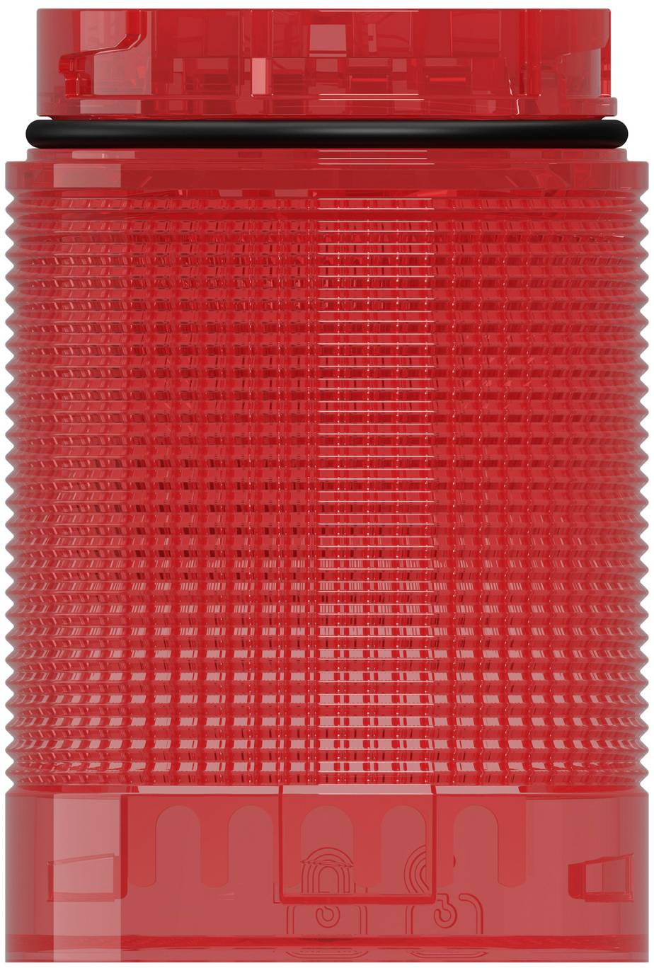 Rotes zylindrisches Signalleuchten-Objektivglas mit schwarzer Dichtung, frontal gegen weißen Hintergrund gezeigt.