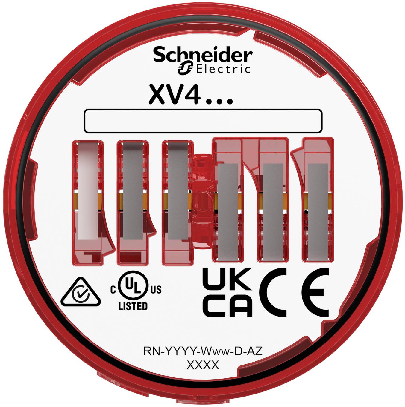Schneider Electric XV4... rotes kreisförmiges Bauteil zur Industriesteuerung mit Zertifizierungsmarken und Modellcode RN-YYYY-Www-D-AZ XXXX.
