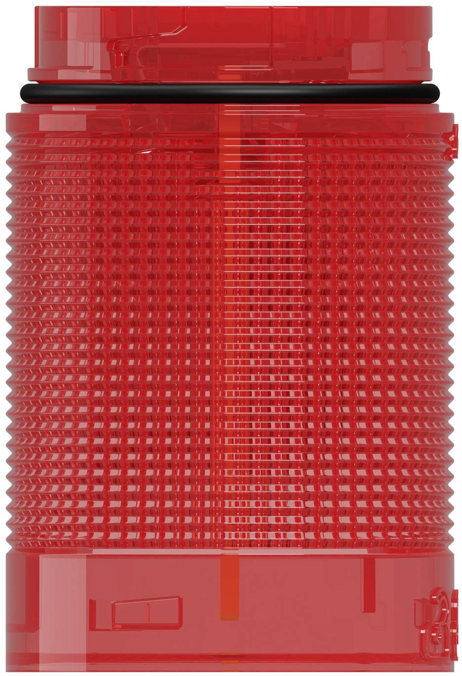 Rote zylindrische Warnleuchte mit strukturierter Linse und schwarzer Dichtung, shown auf weißem Hintergrund.