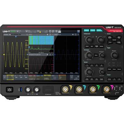 Frontplatte eines UNI-T Mixed-Signal-Oszilloskops mit Wellenformdarstellungen auf dem Bildschirm und mehreren Regelknöpfen, Tasten und Eingangsanschlüssen darunter.