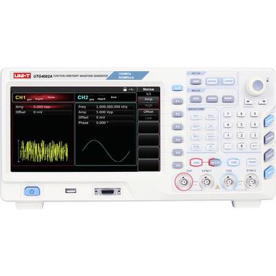 UNI-T UTG4082A Funktions-/Arbiträrgenerator zeigt CH1-Rauschausgang und CH2-Sinuswellen-Einstellungen mit Bildschirm-Frequenz-, Amplituden- und Offset-Steuerelementen sowie Vorderseiten-Kanaltasten.