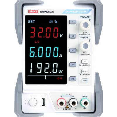 Frontansicht eines UNI-T UDP1306C-Gleichstromnetzgeräts mit eingestellten Werten von 32,10 V, 6,000 A und 192,0 W mit ausgegangsausgang aus.