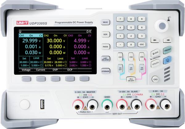 Uni-T UDP3305S Labornetzgerät, einstellbar  0 - 32 V 0 mA - 5 A 348 W USB-Host, USB-Device, LAN, RS-232 fernsteuerbar, programmierbar Anzahl Ausgänge 4 x