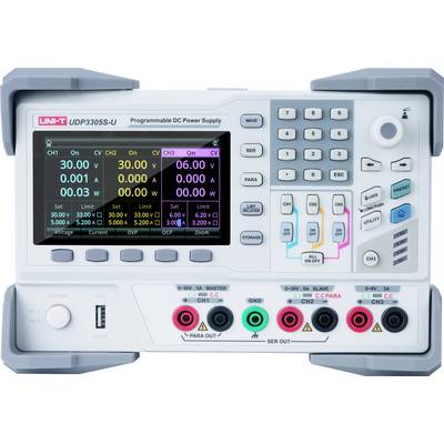 Frontansicht eines UNI-T UDP3305S-U programmierbaren Gleichstromversorgungsgeräts mit farbigem Display mit drei Ausgabekanälen und Spannungs-/Stromreglern, sowie Drehknöpfen, Tastatur und Ausgabeanschlüssen.