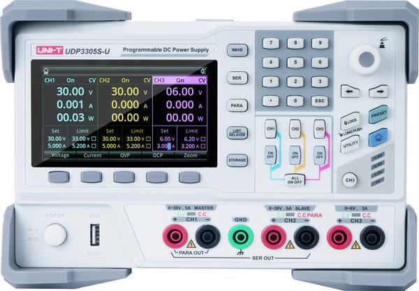 Uni-T UDP3305S-U Labornetzgerät, einstellbar  0 - 32 V 0 - 5 A 348 W USB-Device, USB-Host, RS-232, LAN fernsteuerbar, programmierbar Anzahl Ausgänge 4 x