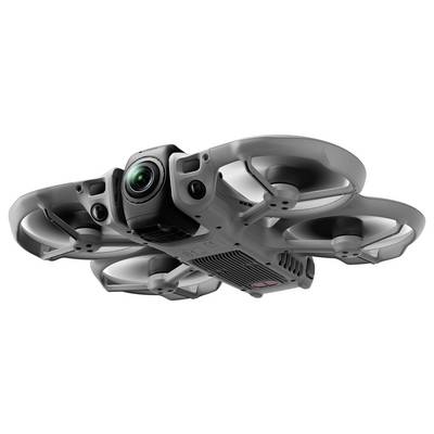 Unteransicht einer grauen Quadcopter-Drohne mit vier Propellerschutzkörben und einem zentralen Kameramodul.