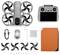 Faltbarer DJI-Drohnen-Kit mit Drohnenkörper, Fernsteuerung, Kabel, Ersatzpropellern, Schrauben, Werkzeug und orange Transportkoffer.
