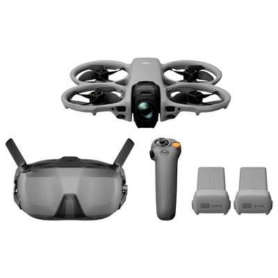 Kompaktes Drohnen-Set mit Quadcopter-Kameradrohne, FPV-Brille, tragbarem Steuergerät und zwei Batterien auf weißem Hintergrund.