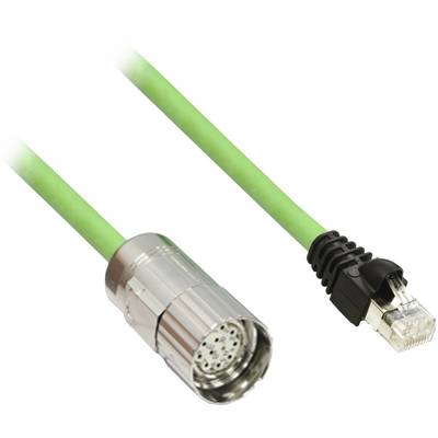 Grünes Kabel mit einem metallischen runden Stecker und einem RJ45-Ethernet-Stecker auf weißem Hintergrund.