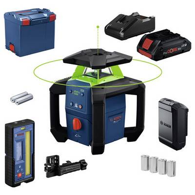 Bosch Baustellen-Laser-Niveau mit grüner 360-Grad-Projektion, umgeben von Batterie, Ladegerät, Transportkoffer, Empfänger und Zubehör.