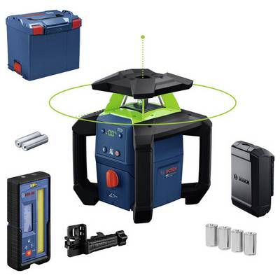 Bosch Rotationslaser mit Zubehör, einschließlich Transportkoffer, Empfänger, Akku, Klemme und Batterien, dargestellt als Produktset.