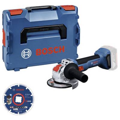 Bosch Akku-Winkelschleifer mit Akku, Transportkoffer und Trennscheibe vor weißem Hintergrund.