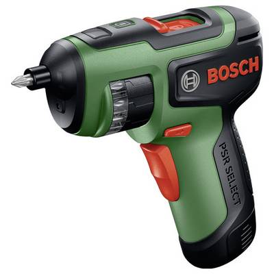 Bosch PSR Select Akku-Bohrschrauber mit verstellbarem Bohrfutter, grüner und schwarzer Gehäuse, auf weißem Hintergrund abgebildet.