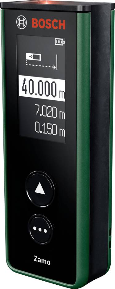 Bosch Zamo digitales Messwerkzeug mit einer Distanzanzeige von 40.000 m, Batterieanzeige und zwei Bedienungstasten.