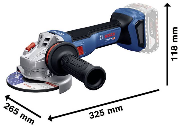 Bosch-Akku-Winkelschleifer mit Abmessungen: 325 mm Länge, 118 mm Höhe und 265 mm Breite der Basis.