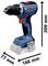 Bosch Professional Akku-Bohrmaschine mit Größenmessungen dargestellt: 209 mm Höhe, 166 mm Länge und 77 mm Breite.