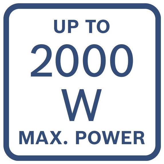 Zeichen mit der Aufschrift „BIS ZU 2000 W MAX. LEISTUNG" in einem abgerundeten blauen Rahmen.