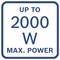 Zeichen mit der Aufschrift „BIS ZU 2000 W MAX. LEISTUNG" in einem abgerundeten blauen Rahmen.