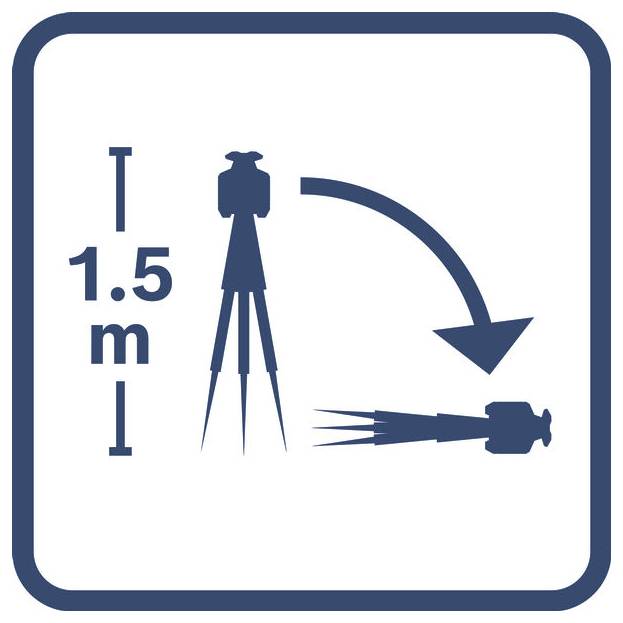 Warnsymbol mit Stativ und Kamera, die umkippen, mit einem gekrümmten Pfeil, der einen Sicherheitsabstand von 1,5 m oder das Risiko eines instabilen Aufbaus anzeigt.