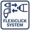 „FLEXICLICK SYSTEM"-Logo mit zwei Verbindungsteilen und Pfeilen, die anzeigen, dass sie zusammen- und auseinanderkuppeln lassen.