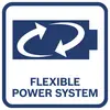 Logo mit zwei kreisförmigen Pfeilen über dem Text „FLEXIBLE POWER SYSTEM" in einem Quadrat mit blauem Rand.