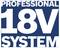 Blau-weißes Produktetikett mit der Aufschrift „PROFESSIONELLES 18V-SYSTEM" in großem, fettem Text.