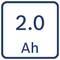 Batteriekapazität-Symbol mit „2,0 Ah" in einem abgerundeten Quadratrahmen.