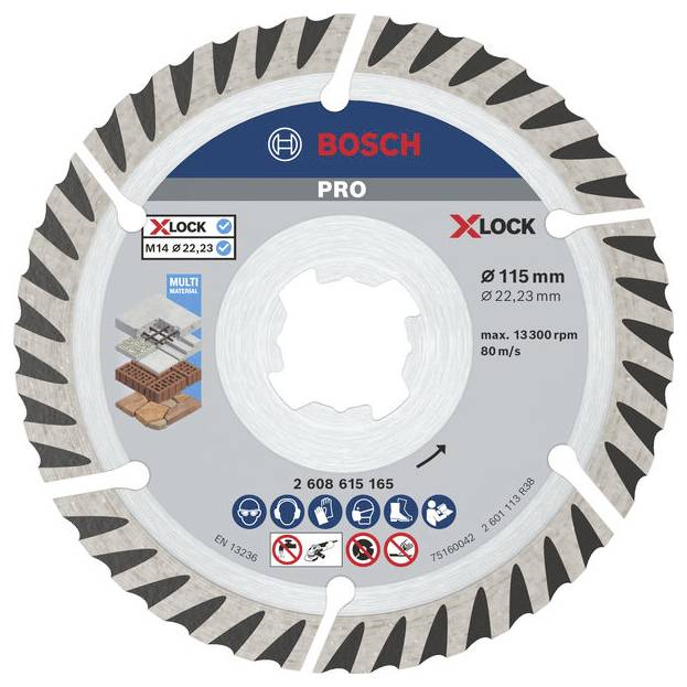 Bosch Pro X-Lock Kreissägeblatt, 115 mm Durchmesser und 22,23 mm Bohrung, zum Schneiden von Mehrwerkstoffen, mit max. 13.300 U/min und 80 m/s Nennwerten.