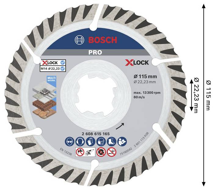 Bosch Pro X-LOCK Kreissägeblatt mit Ø115 mm und Ø22,23 mm, max. 13.300 U/min, zum Schneiden von Mehrschichtmaterialien.