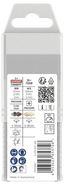 Eine gekennzeichnete Kunststoff-Verpackungstasche mit gestanztem Griff, beschriftet mit „EXPERT" und „T1018", zeigt Produktspezifikationen, Symbole, einen QR-Code und einen Strichcode.
