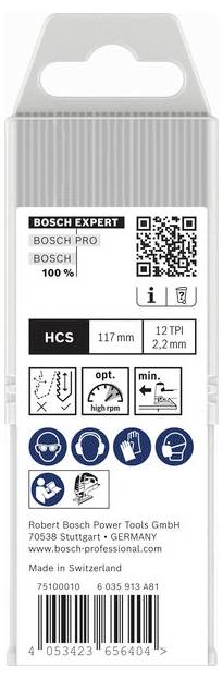 Bosch Expert Sägeblatt-Paket-Etikett mit HCS, 117 mm, 12 TPI, 2,2 mm, QR-Code und Barcode.