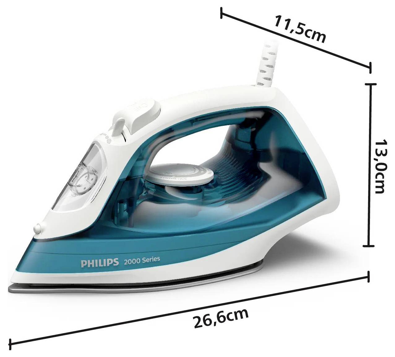Philips 2000 Serie Dampfbügeleisen in Seitenansicht mit beschrifteten Abmessungen 26,6 cm lang, 13,0 cm hoch und 11,5 cm breit.