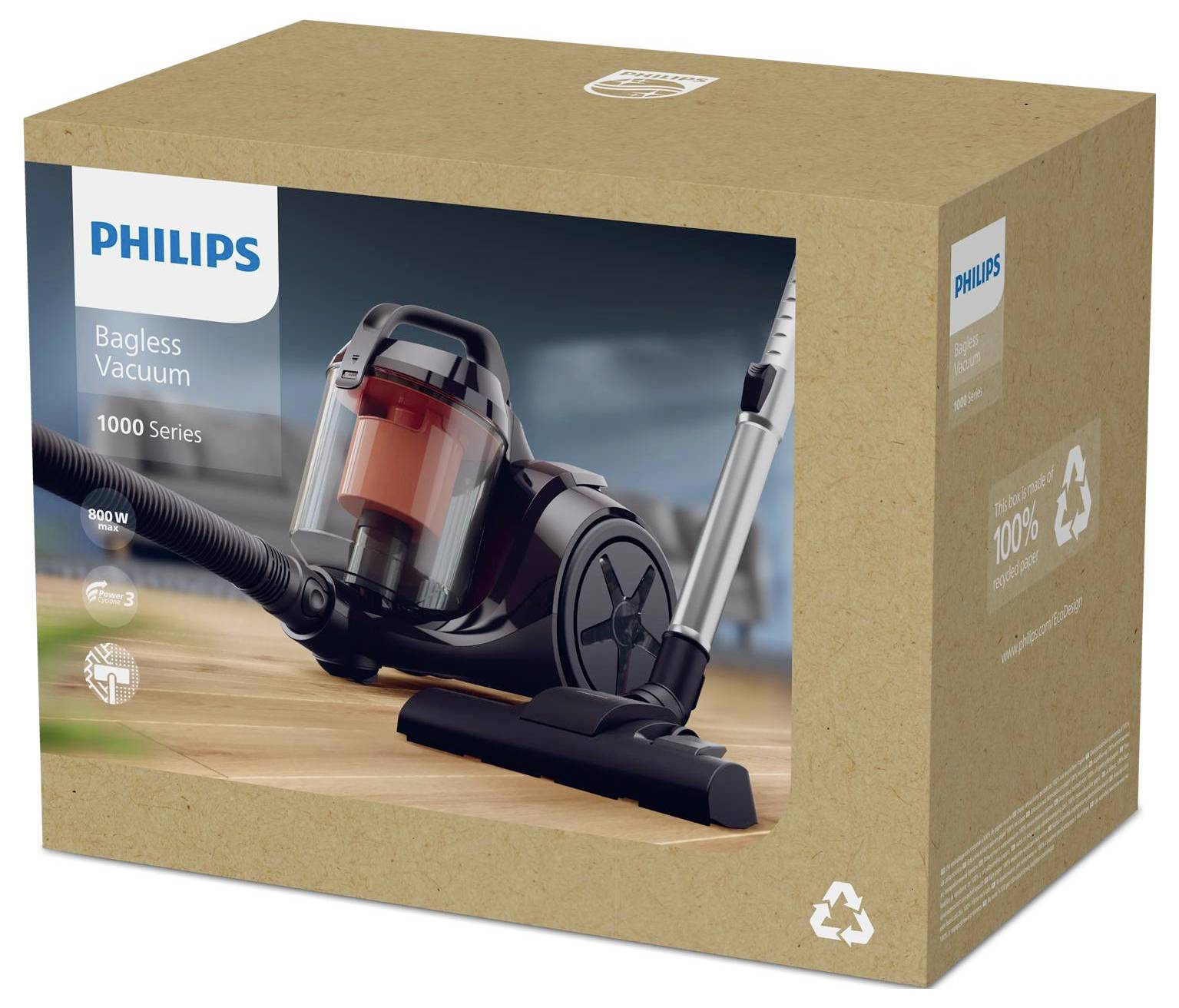 Philips Beutellose Staubsauger 1000er Serie Karton mit einem Zyklonstaubsauger mit Schlauch und Bodenbürste, gekennzeichnet mit 800 W und 100% recycelter Verpackung.