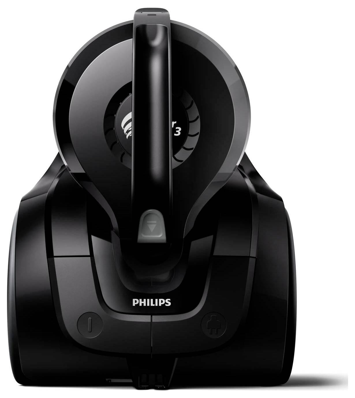 Vorderansicht eines schwarzen Philips-Staubsaugers auf weißem Hintergrund, mit Griff und rundem oberen Gehäuse.