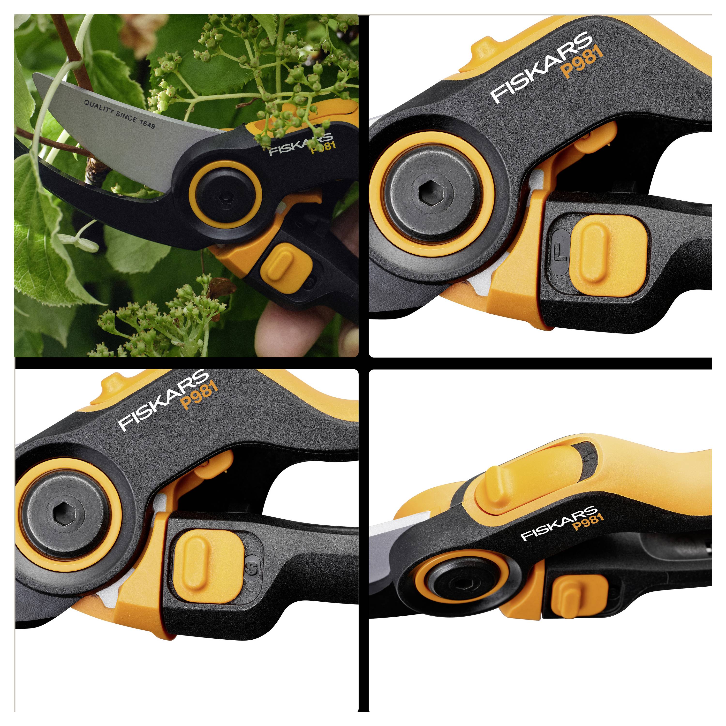 Collage eines Fiskars P981 Pruning Shear beim Schneiden von Pflanzenstängeln, mit Nahaufnahmen der Details der orange-schwarzen Handschere.