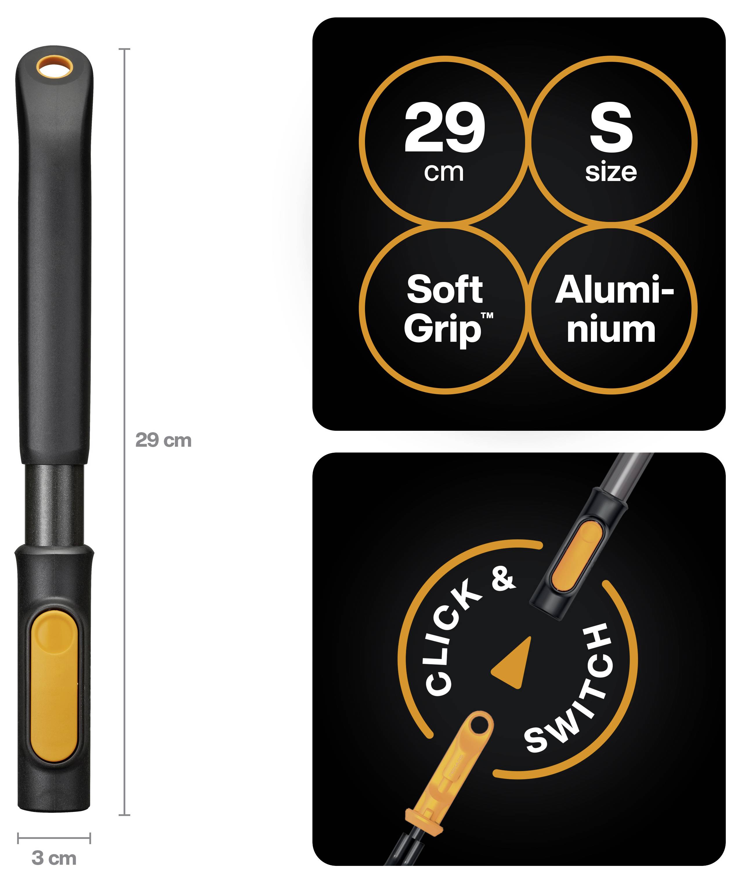 Abbildung eines 29 cm langen schwarz-orangefarbenen Werkzeuggriffs mit "Soft Grip" Aluminiumbody, Größe S, und einer Klick-und-Wechsel-Funktion zur Befestigung.