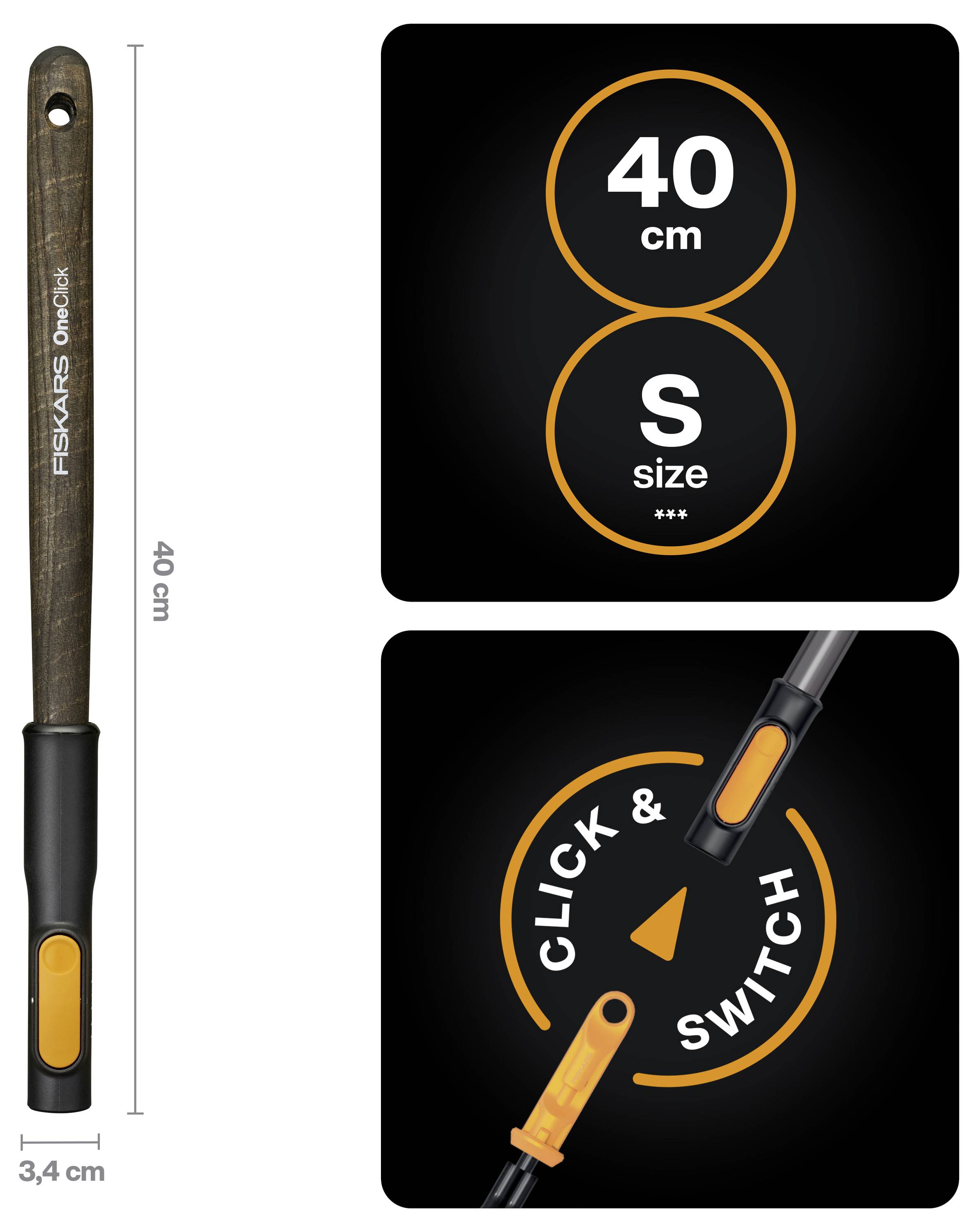 Fiskars 40 cm Größe S Außenwerkzeug mit Holzgriff und orangefarbenem Click-and-Switch-Griffsystem, dargestellt in zwei Detailausschnitten.