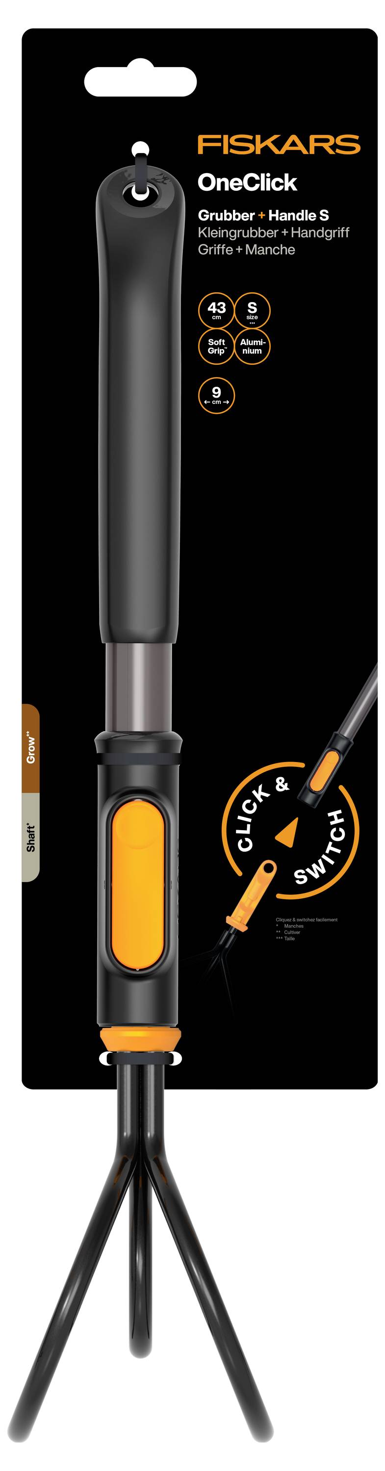 Fiskars OneClick Unkrautstecher mit langem Griff, orangefarbenen Akzenten und Klick-und-Wechsel-Steuerung, gezeigt auf schwarzem Produktverpackungshintergrund.