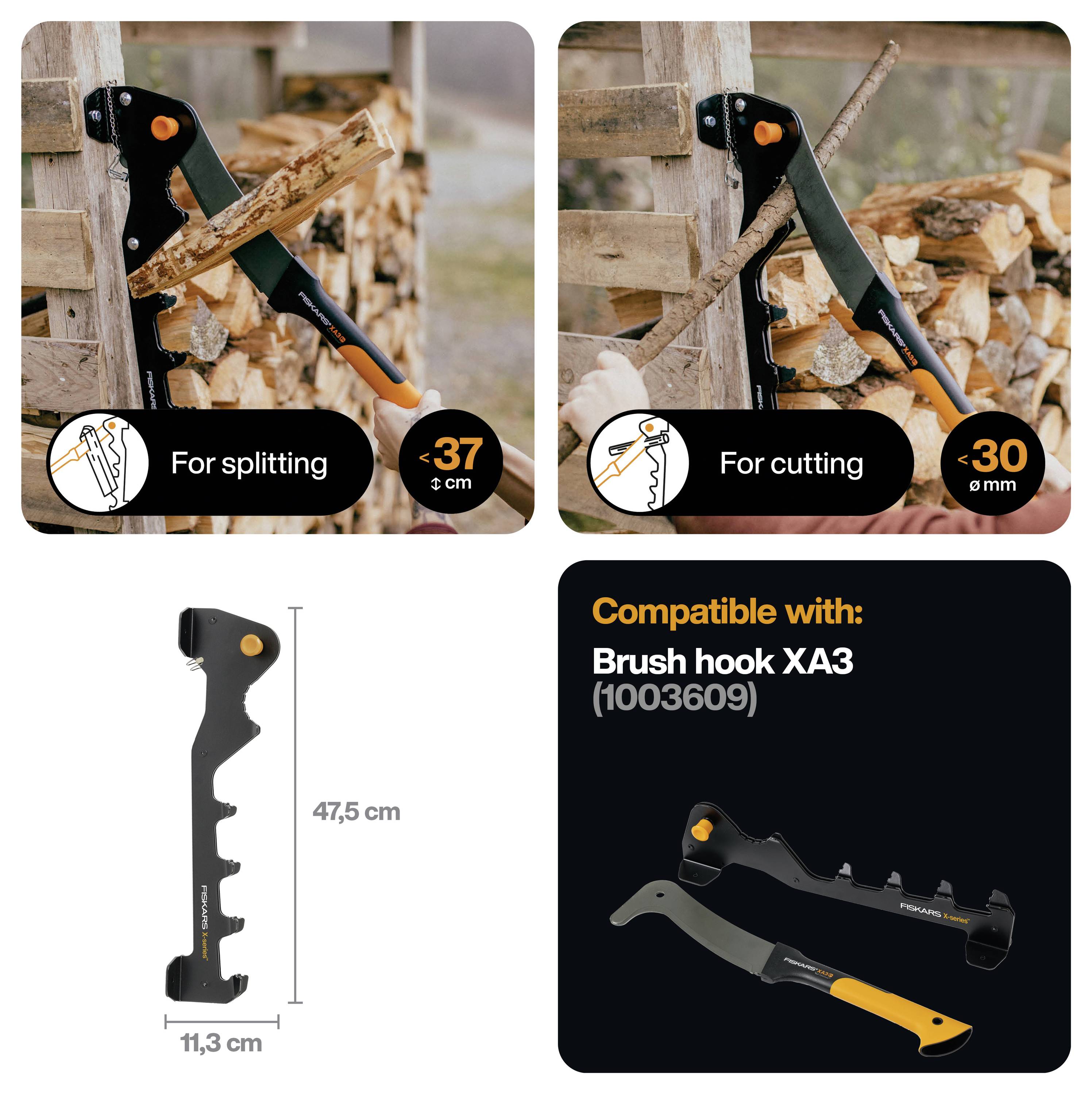Produktinfografik für ein Fiskars-Holzspalt- und Schneidewerkzeug: zum Spalten bis 37 cm, zum Schneiden bis 30 cm, Länge 47,5 cm, Breite 11,3 cm, kompatibel mit Brush Hook XA3 (1003609).