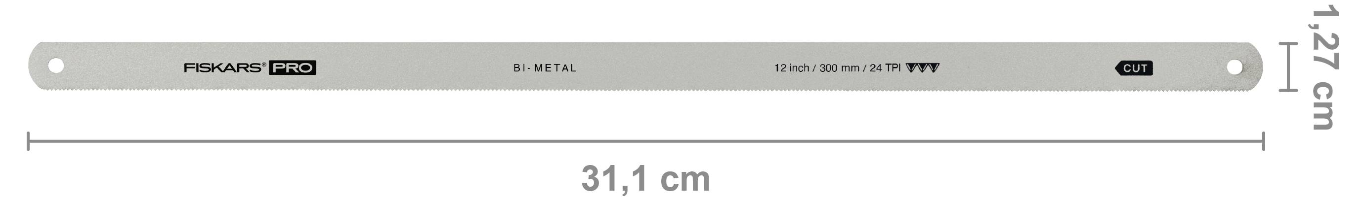 Ein silbernes Fiskars Pro Bi-Metall-Sägeblatt für Handsägen, mit einer Bezeichnung von 31,1 cm Länge, mit 1,27 cm Breite, dargestellt in einem Produktgrößen-Diagramm.