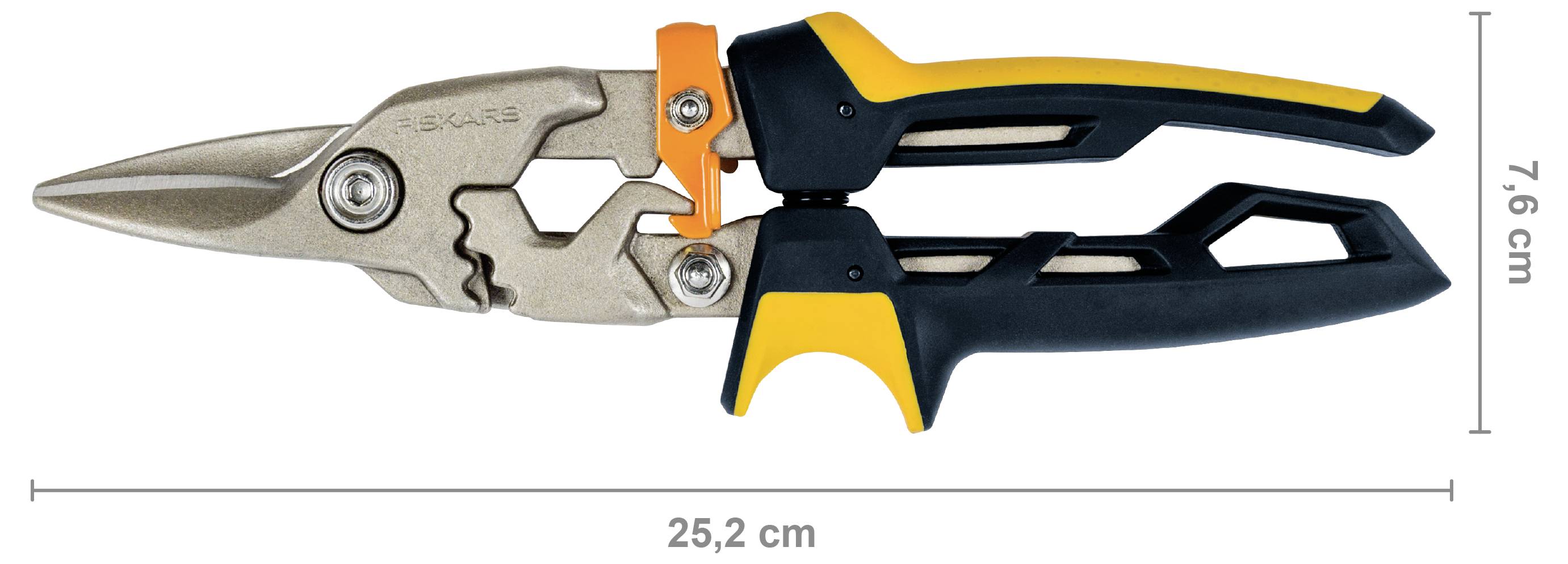 Ein Paar Blechscheren mit schwarz-gelben Griffen, in Seitenansicht dargestellt, mit einer Länge von 25,2 cm und einer Höhe von 7,6 cm gekennzeichnet.